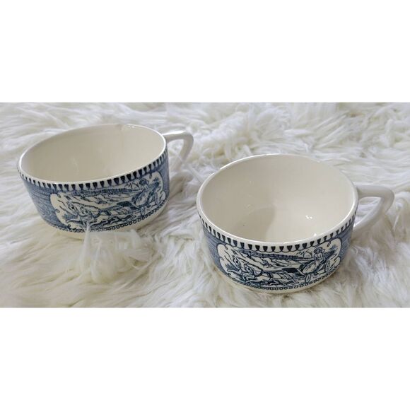 Vintage Currier and Ives Royal China Coffee Or Tea Cup Blue & White Set of 2 - Picture 1 of 11